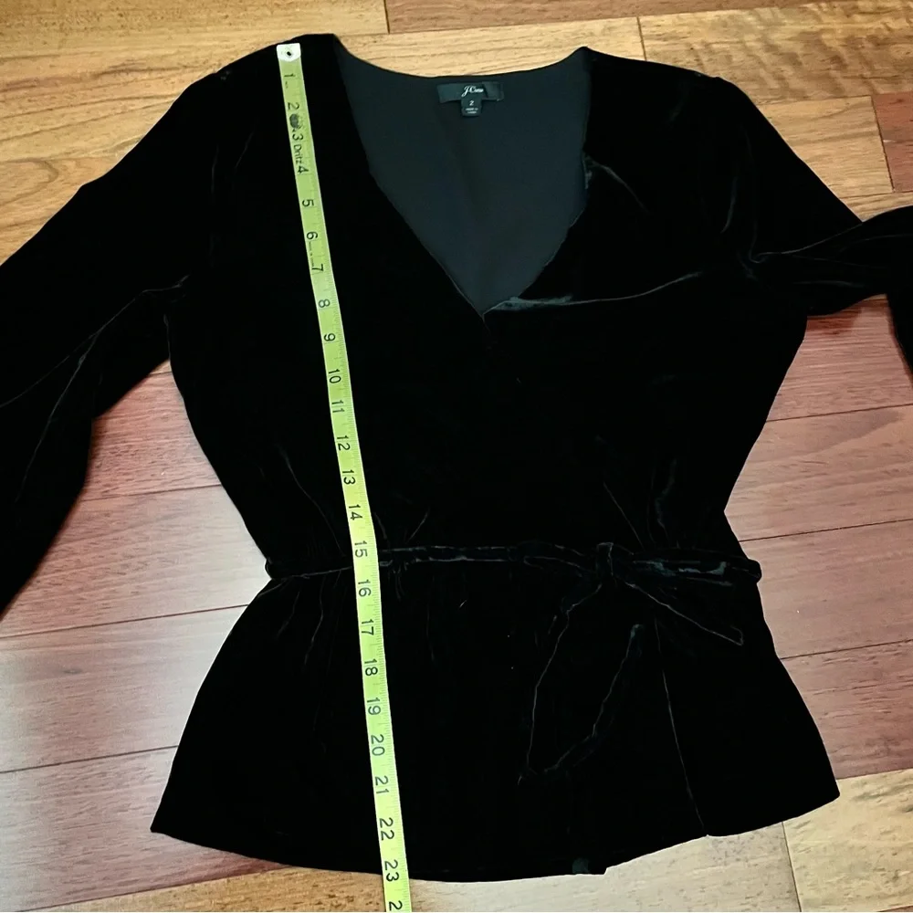 J. Crew Black Faux Wrap Top in Drapey Velvet Womens Size 2 Long Sleeve Tie Waist